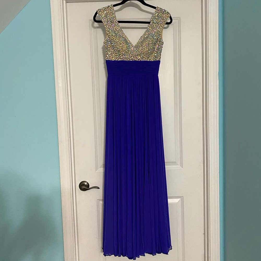 Long blue dress with beaded details